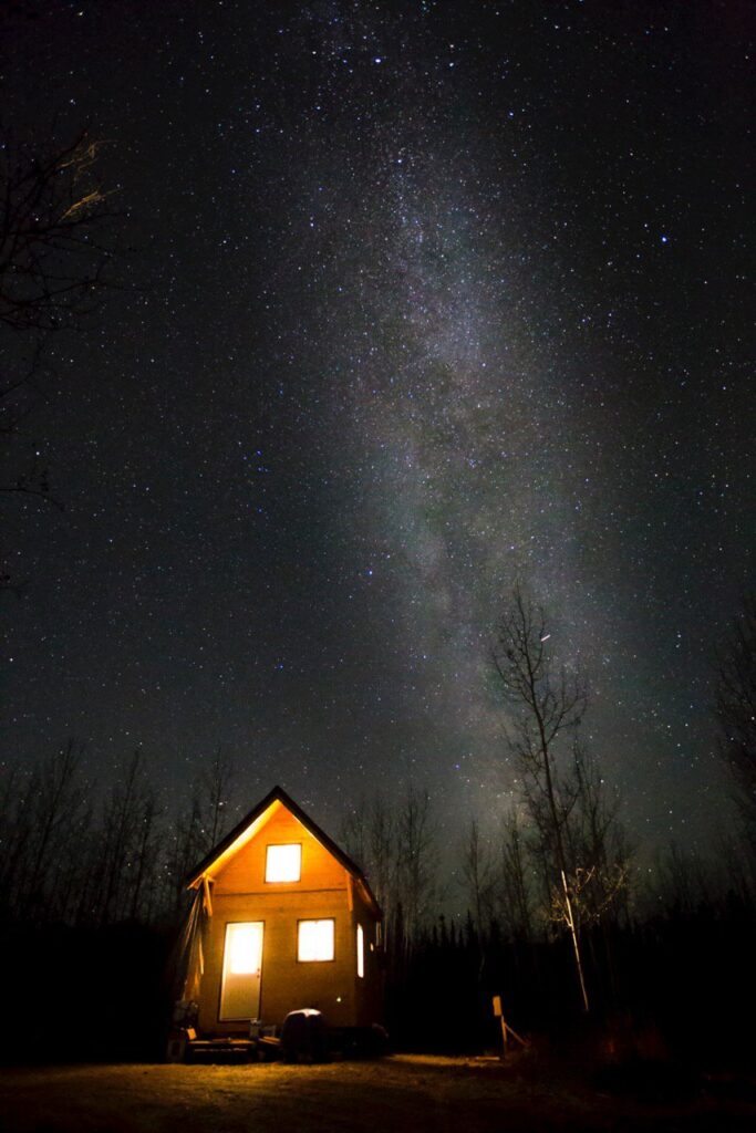 small guest room in the middle of a jungle at night time